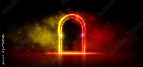 Neon effect arched door frame with luminous steam. Red and yellow gradient glowing frame surrounded by fog and bright glitter. Realistic vector illustration of led portal border or stage doorway.