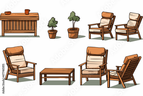 Simple wood colored line art illustration of patio furniture set isolated on white