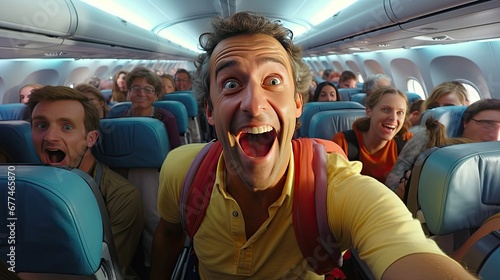 Happy male tourist airplane passenger screams with joy on board the plane on a flight on vacation. World travel and tourism concept