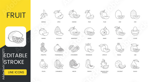 Fruit and berry line icon set in vector, editable stroke, dragon fruit pitahaya and banana, coconut and guava, melon and papaya, carambola and feijoa, strawberry and pomegranate, apricot and persimmon