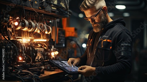 Male engineer worker checking modern industrial high-tech equipment using a tablet in the workshop at the factory