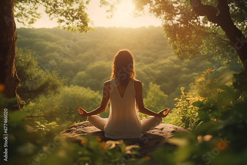 Healthy lifestyle, states of mind concept. Woman meditating or making yoga in dense jungles and illuminated with sun light