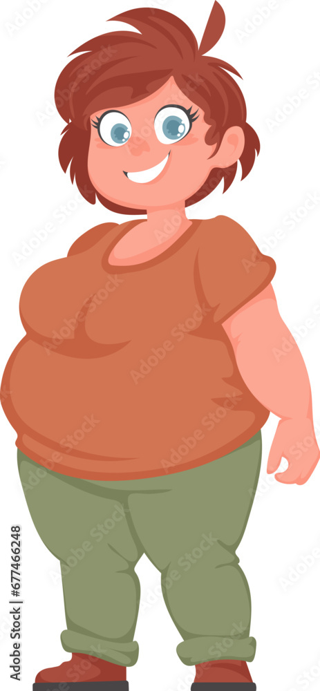Fat woman posing and smiling. Cute overweight girl, body positivity theme. Cartoon style Fat woman posing and smiling. Cute overweight girl, body positivity theme. Cartoon style