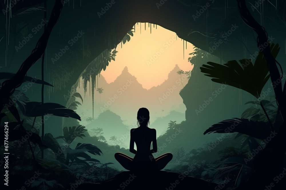 Healthy lifestyle, states of mind concept. Woman silhouette meditating or making yoga in dense jungles and illuminated with sun light - obrazy, fototapety, plakaty 