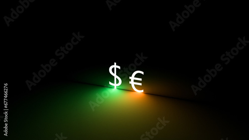 EUR and USD. Neon glowing euro and dollar symbols. Exchange rates, financial concept, banner. 3D render photo