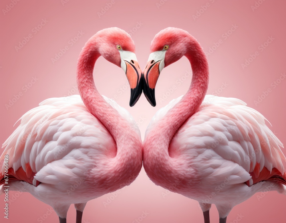 Obraz premium Two Flamingos Creating a Romantic Heart Shape With Their Graceful Necks. Two Graceful Flamingos Embracing Elegantly on a Vibrant Pink Canvas