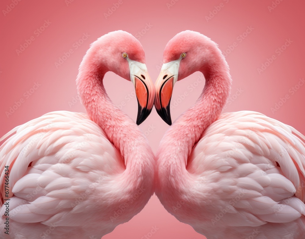 Fototapeta premium Two Flamingos Creating a Romantic Heart Shape With Their Graceful Necks. Two Graceful Flamingos Embracing Elegantly on a Vibrant Pink Canvas