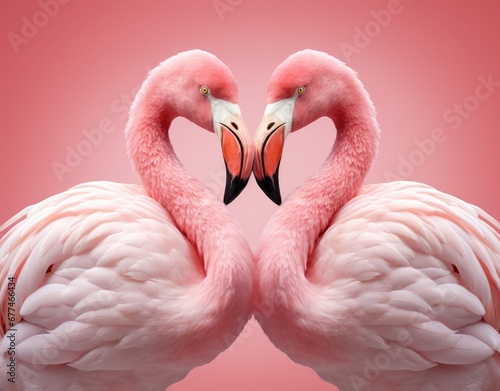 Two Flamingos Creating a Romantic Heart Shape With Their Graceful Necks. Two Graceful Flamingos Embracing Elegantly on a Vibrant Pink Canvas © AI Visual Vault