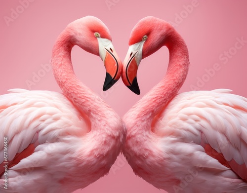 Two Flamingos Creating a Romantic Heart Shape With Their Graceful Necks. Two Graceful Flamingos Embracing Elegantly on a Vibrant Pink Canvas © AI Visual Vault