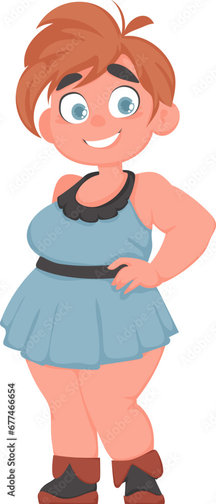 Fat woman posing and smiling. Cute overweight girl, body positivity theme. Cartoon style Fat woman posing and smiling. Cute overweight girl, body positivity theme. Cartoon style
