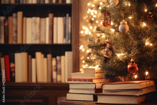 Many books near Christmas tree at cozy home lights garland.