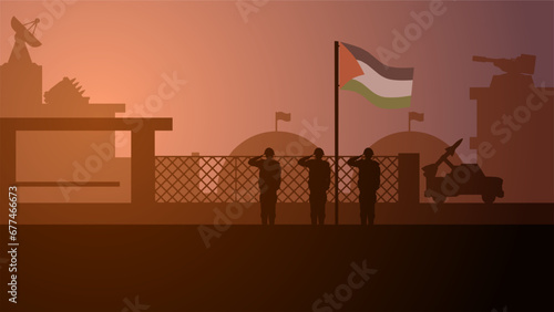 Palestine military base landscape vector illustration. Silhouette of army salute to palestine flag in military base. Military illustration for background, wallpaper, issue and conflict photo