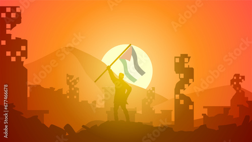 Palestine landscape vector illustration. Silhouette of man holding palestine flag in the destroyed city. Landscape illustration of war for social issues, news, support or conflict