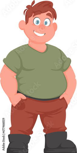 Fat man posing and smiling. Overweight guy is cute, body positivity theme. Cartoon style