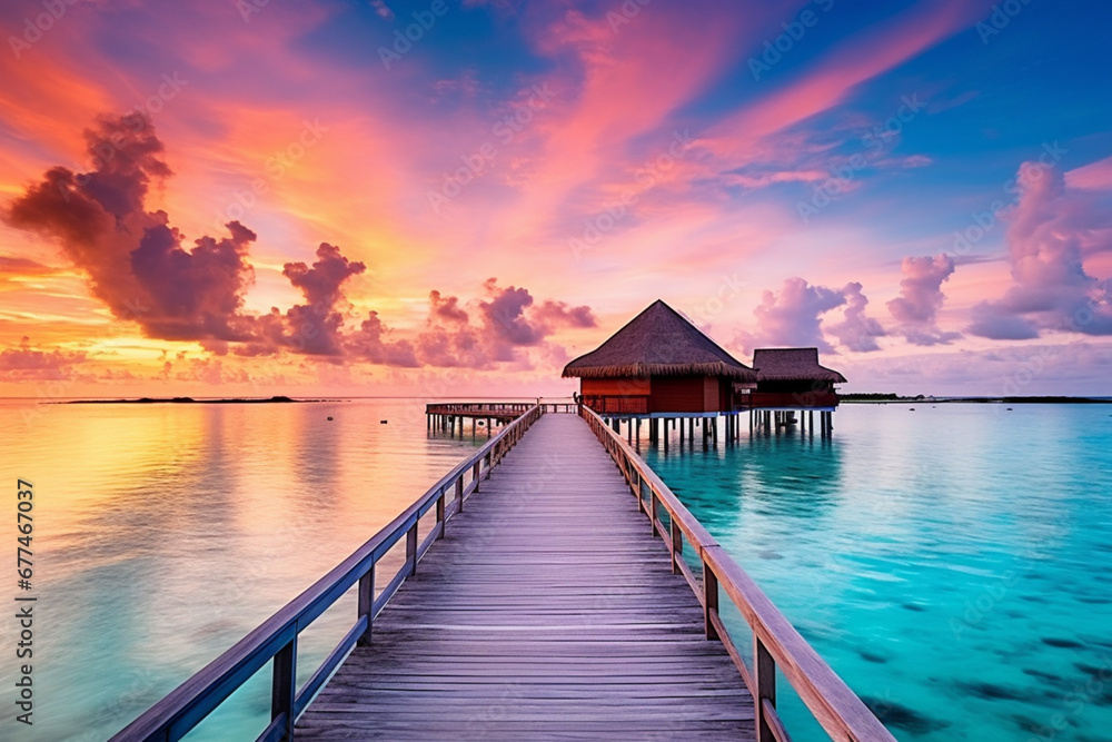 Sunset at a wooden pier and opulent water villa resort on the Maldives island Gorgeous beach, sky, and clouds as a backdrop for a summer trip and travel idea
 - obrazy, fototapety, plakaty 