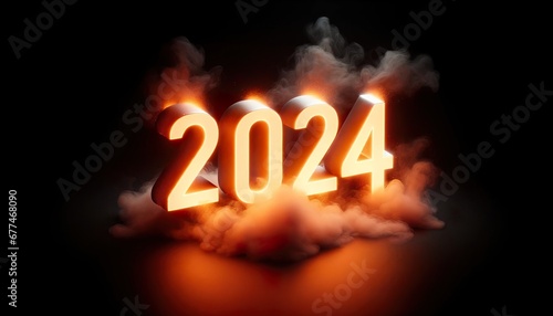 Dramatic New Year 2024: Fiery Glow Numerals Rising from Mist