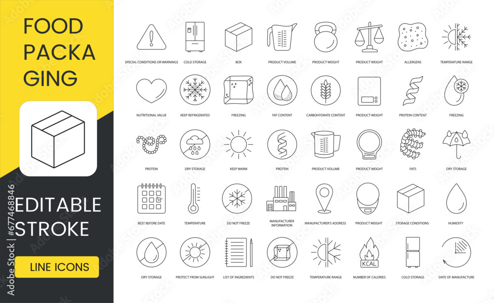 Food Packaging Marks, Vector Line Icons Set, Editable Stroke, Product Weight and Volume, Allergens, List of Ingredients, Special Conditions or Warnings, Manufacturer Address, Manufacturer Information - obrazy, fototapety, plakaty 