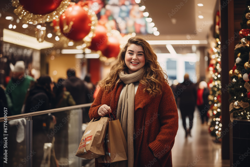 Beautiful plus-size woman doing Christmas shopping
