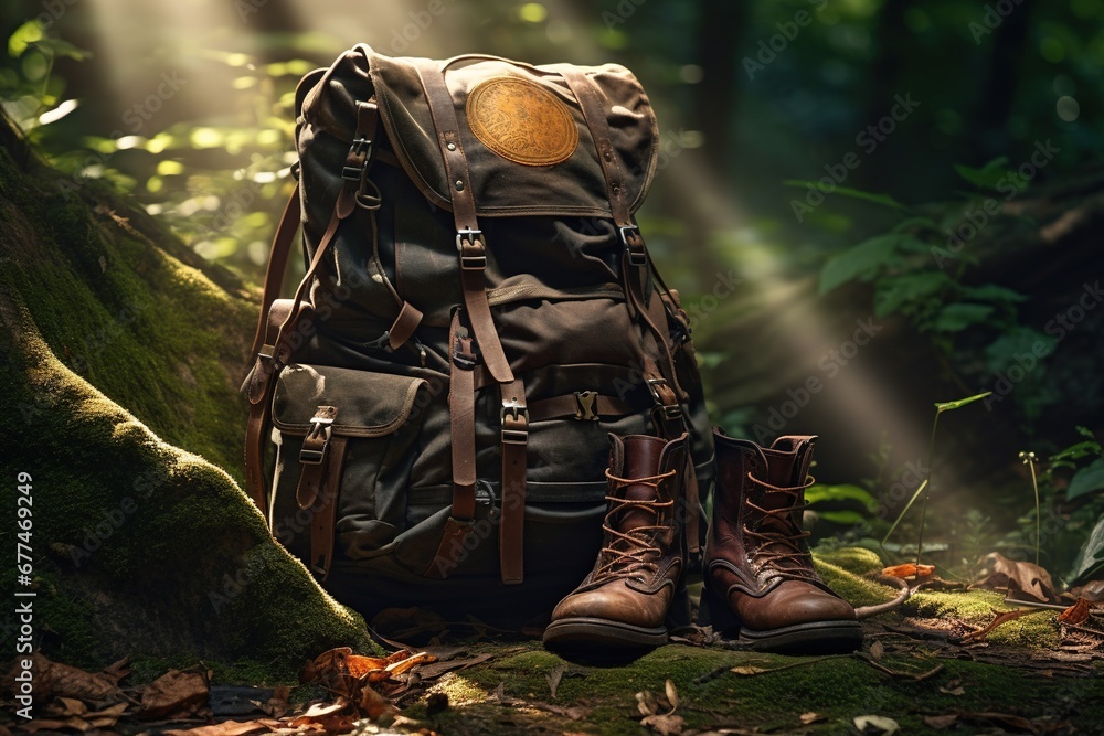 Hiking boots and backpack in the forest. Travel and adventure concept Hiking boots and backpack in the forest. Travel and adventure concept