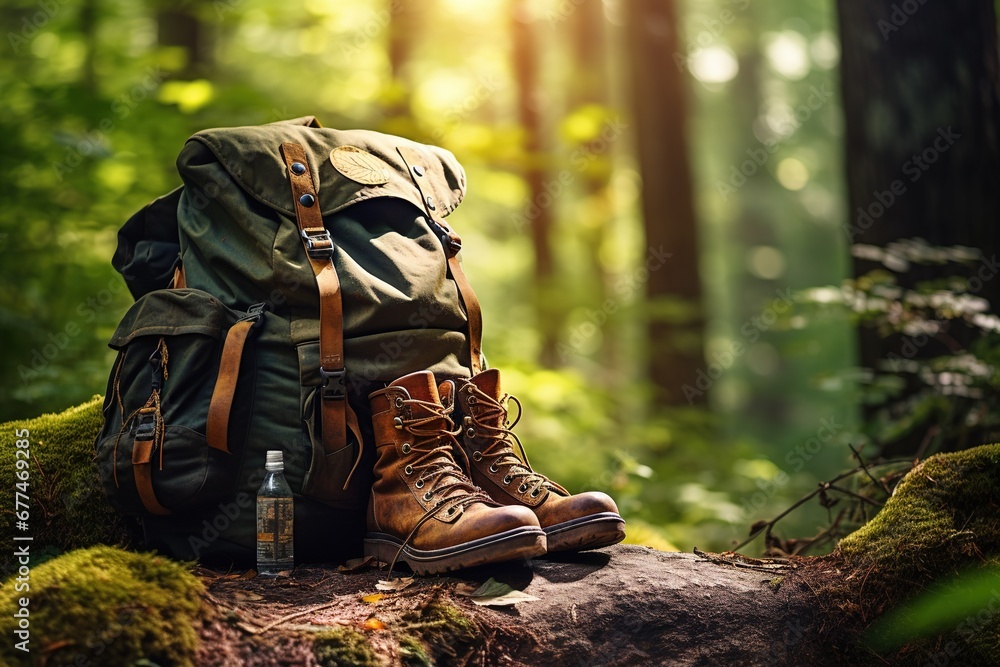 Hiking boots and backpack in the forest. Travel and adventure concept Hiking boots and backpack in the forest. Travel and adventure concept