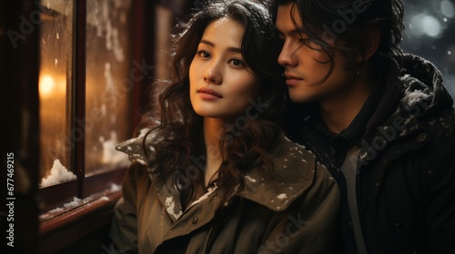  an intimate moment between a young Asian couple dating, huddled close against a snowy backdrop. Snowflakes adorn their hair and clothes, reflecting a quiet, romantic winter evening.