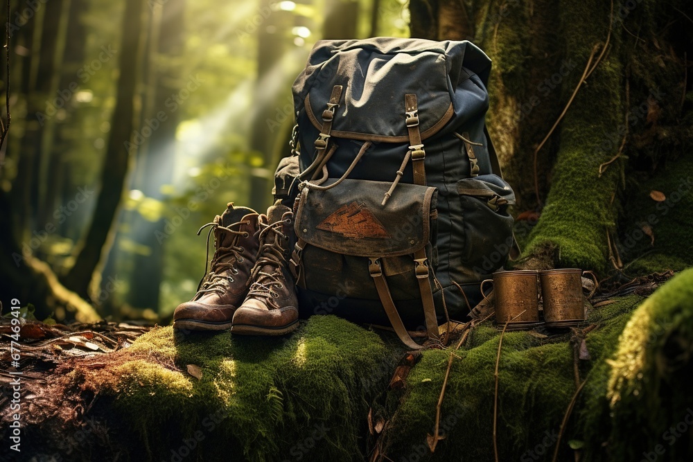 Hiking boots and backpack in the forest. Travel and adventure concept Hiking boots and backpack in the forest. Travel and adventure concept