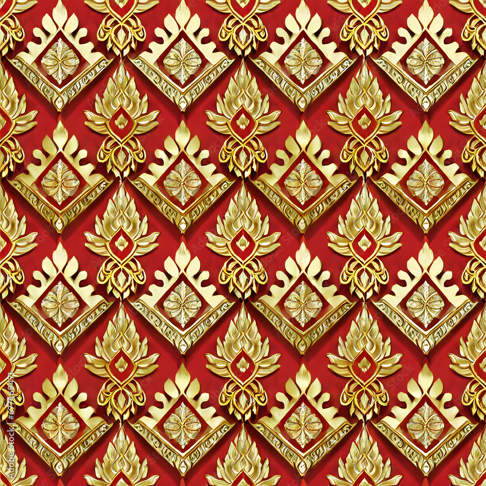  thai pattern seamless, red and gold