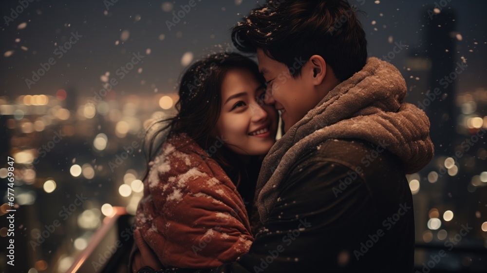 a romantic scene of a couple embracing, with snowflakes in their hair, against a bokeh backdrop of city lights at night, conveying warmth and intimacy. Asian couple dating a romantic scene of a couple embracing, with snowflakes in their hair, against a bokeh backdrop of city lights at night, conveying warmth and intimacy. Asian couple dating