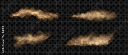Sand clouds with dust and smoke. Realistic vector illustration set of desert storm - flying dirt plumes with mud particles under influence of strong wind. Brown dune sandstorm powder clusters.