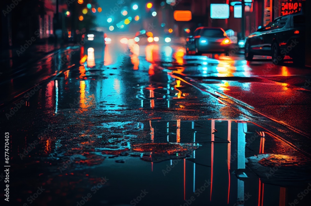 Vibrant City Street Illuminated by Streetlights and Lined with Parked Generative AI
