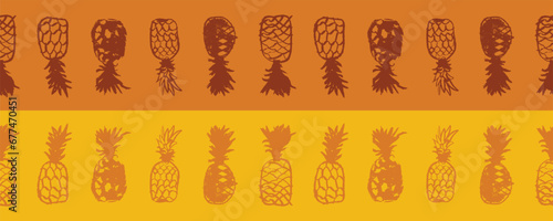 Beautiful banner and label template with pineapple border. Vector pineapples seamless pattern. Crayon pineapple drawings in naive hand-drawn style. Tropical frame with ananas borderline.