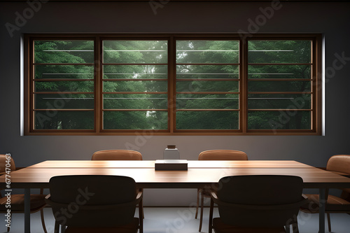 High level meeting of executive room is decorated with stylish table and chairs around. Conference room is ready for next level of executive meeting. Sunlight shining in window  natural view of trees.