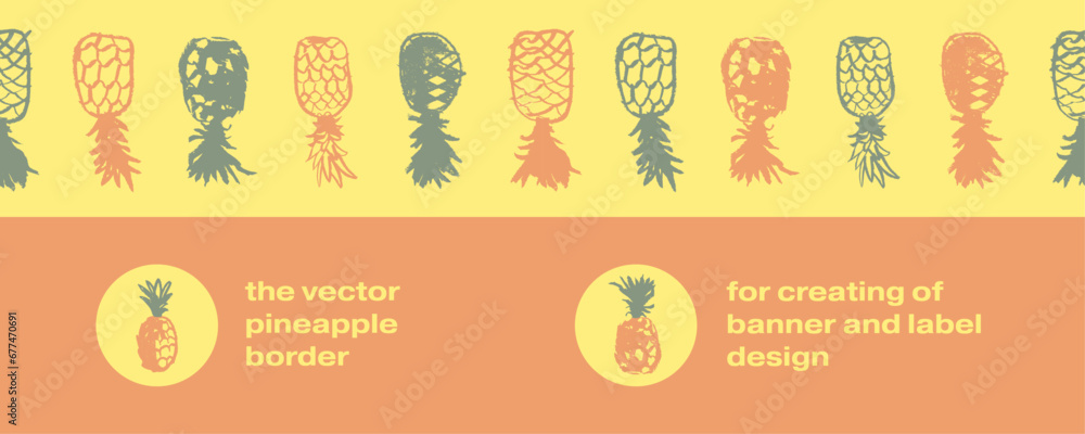 Beautiful banner and label template with pineapple border. Vector pineapples seamless pattern. Crayon pineapple drawings in naive hand-drawn style. Tropical frame with ananas borderline.