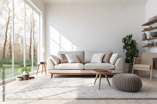 White living room interior modern with sofa and armchair, shelf with art decoration, carpet on hardwood floor. Panoramic window on tropics. Mockup copy space wall. Sunlight shines in front of window.