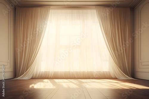 ฺBackground Abstract Texture. Backlit window with white, cream curtains in empty room clean. Sunlight shines evening through window and inside there are shadows light orange. Modern room decoration. 