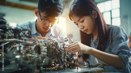 Southeast Asian students testing and fine-tuning a mechanical engineering project