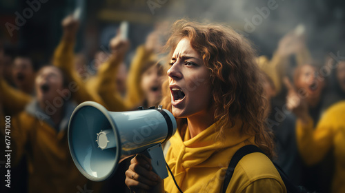 Female activist shout into a megaphone surrounded by a crowd of people protesters during a popular rally. Public opinion and disapproval, demonstration, protest.  © IndigoElf