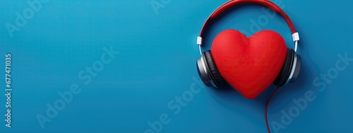 Red heart with headphones on blue background symbolize photo