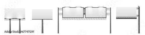 Outdoor billboard mockups set isolated on white background. Vector realistic illustration of 3d street advertising boards with blank surface and led light illumination, information banner template