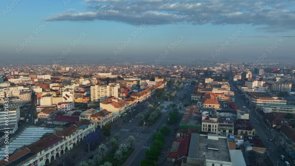 Early morning aerial view of Antananarivo city center with Av. de L'Independance in Madagascar. Early morning aerial view of Antananarivo city center with Av. de L'Independance in Madagascar.