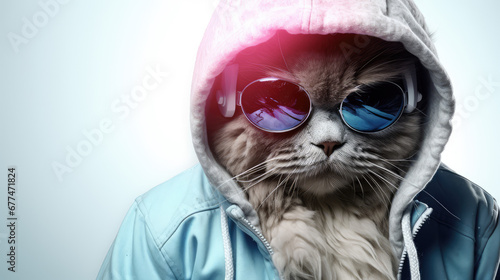 cat wearing hoodie and headphone and sunglasses © akarawit