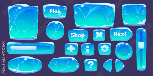 Ice game ui buttons set isolated on background. Vector cartoon illustration of blue frozen frames of square, round, rectangle shape, equalizer and progress bars, arrows, info, settings, close icons