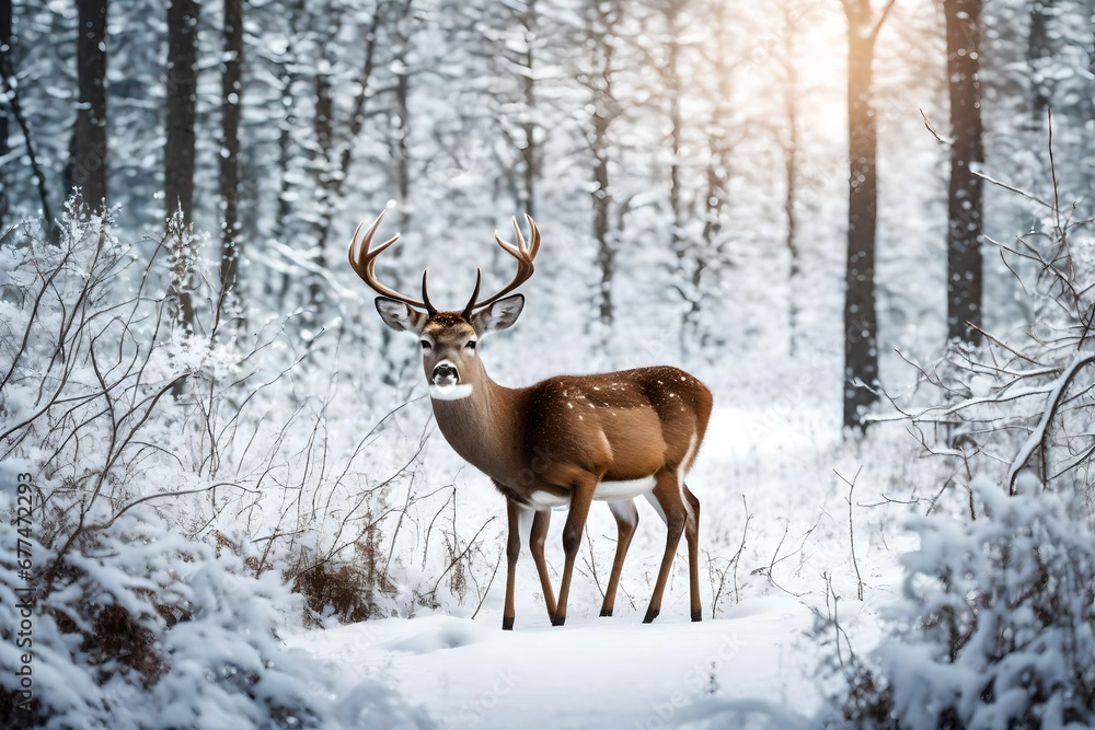 A solitary deer amidst a snowy clearing in a dense forest. A solitary deer amidst a snowy clearing in a dense forest.