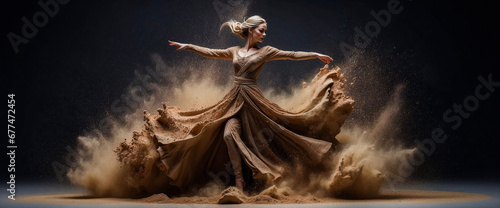 ultra detailed shot of a sculpture made of stone and sand in a female dance shape, full body zoomed photo