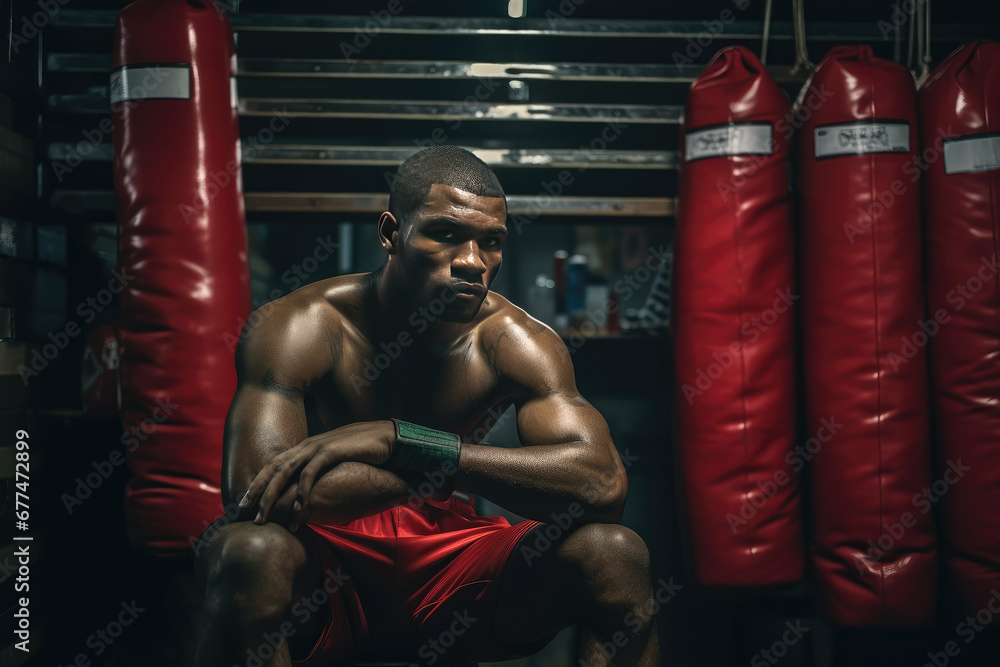 Focused Male Boxer Preparing Mentally in Locker Room Before Fight - Intense Sports Determination