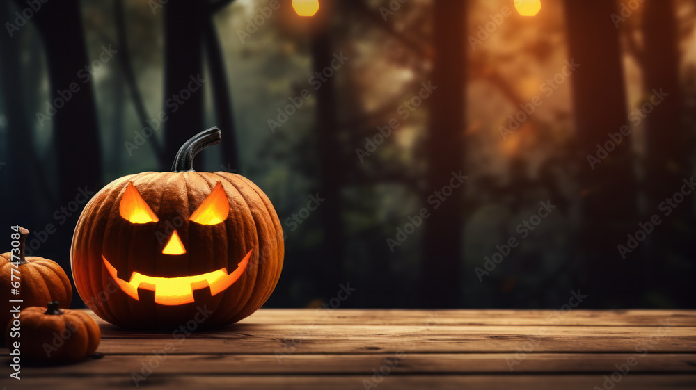 Fototapeta premium Halloween Pumpkin with Glowing Eyes, Forest Sunset Halloween Scene