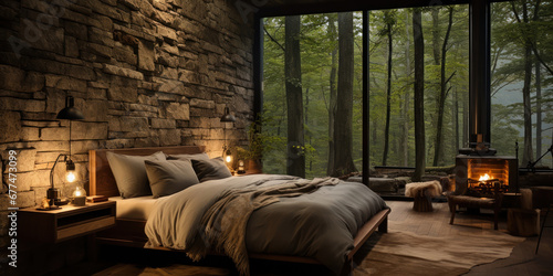 The bedroom, a hidden sanctuary in the woods, glows warmly behind the stone wall's sturdy embrace