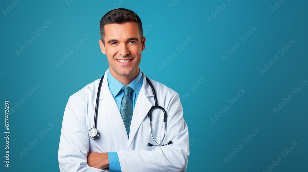 Smiling male doctor standing in front of blue isolated background - ai generative Smiling male doctor standing in front of blue isolated background - ai generative