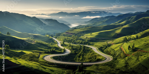 Winding road cuts through the landscape, a journey that curves and bends with the contours of the land