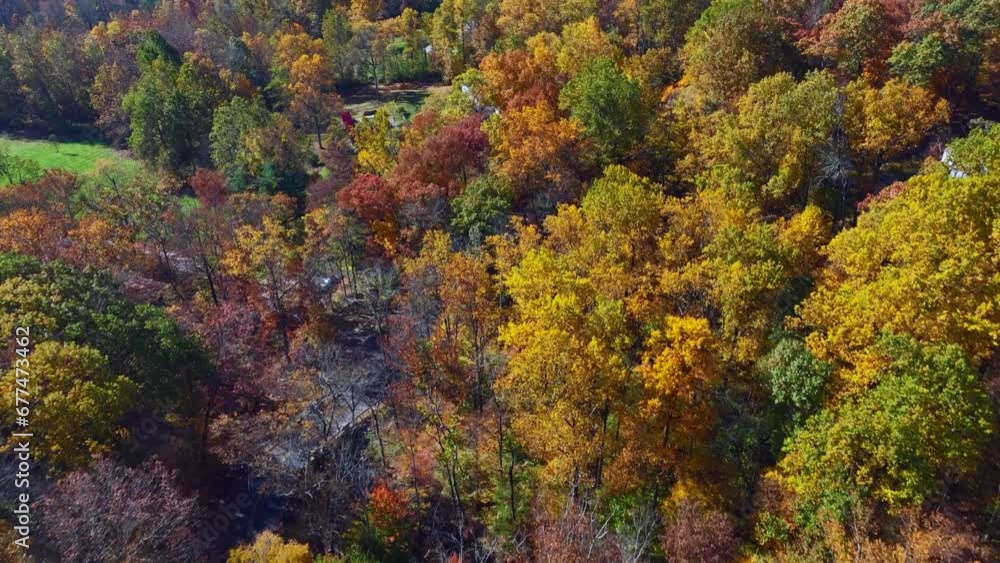 A high angle, aerial view high up over a quiet country road with colorful trees on a sunny day in autumn. The camera dolly in above the treetops. A high angle, aerial view high up over a quiet country road with colorful trees on a sunny day in autumn. The camera dolly in above the treetops.